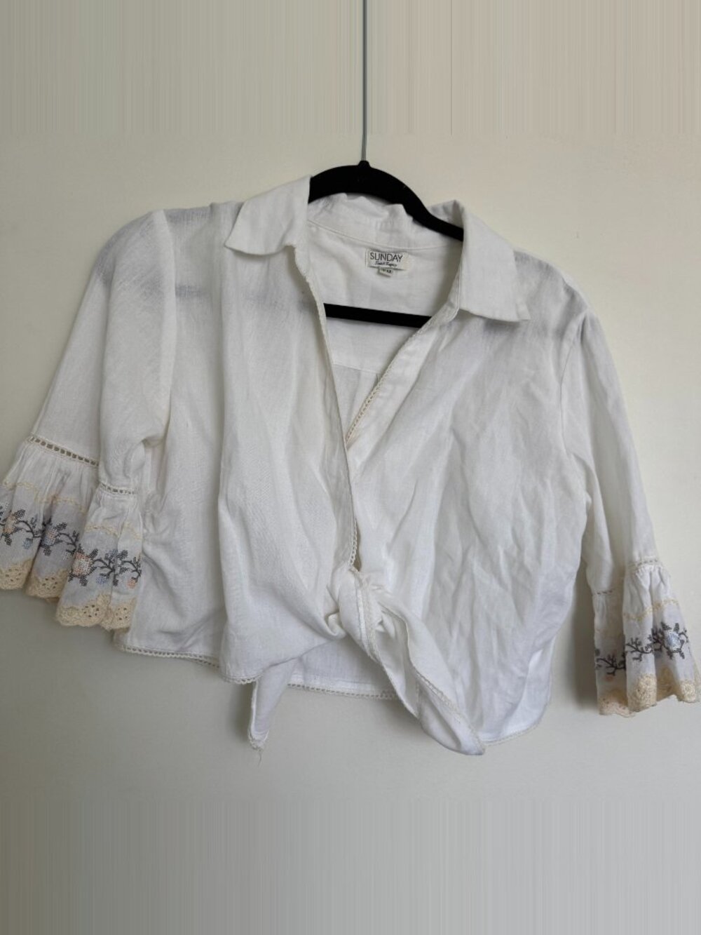 Sunday Saint-Tropez White Tie Front Crop Blouse Embroidered Lace Bell Sleeve OS